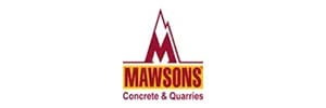 A red and yellow logo for mawson 's concrete & quarries.