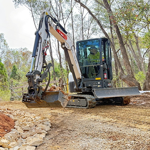Bobcat_E35_excavator_building_new_drainage_and_road_and_installing_rock_for_erosion_protection The Bobcat E35 Excavator is perfect for drainage work.